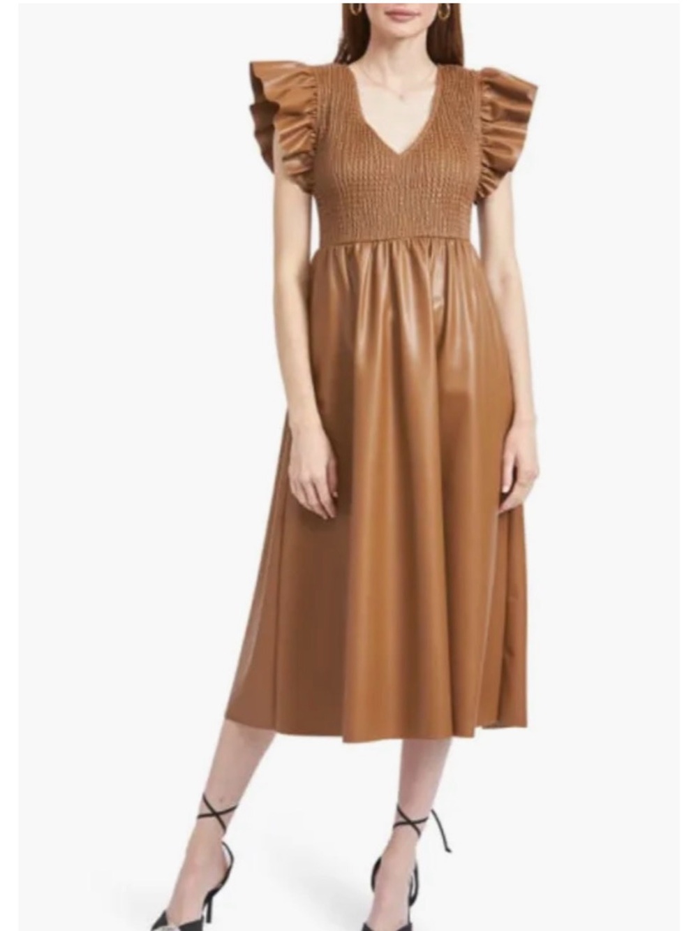 En Saison Rylee brown smocked faux leather midi dress NWOT